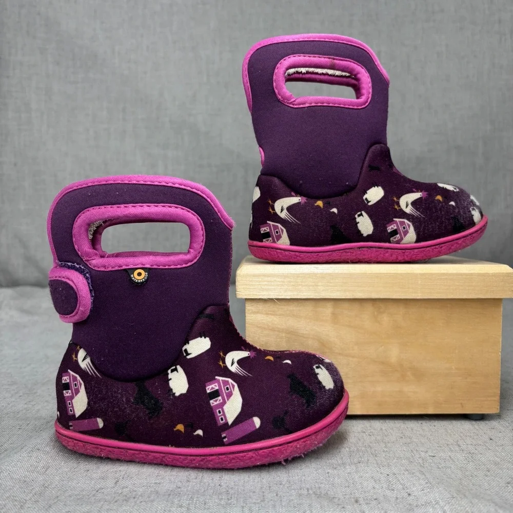 Bogs Baby Boots Purple Pink Farm Animal Print Waterproof‎ Insulated Kids Size 7